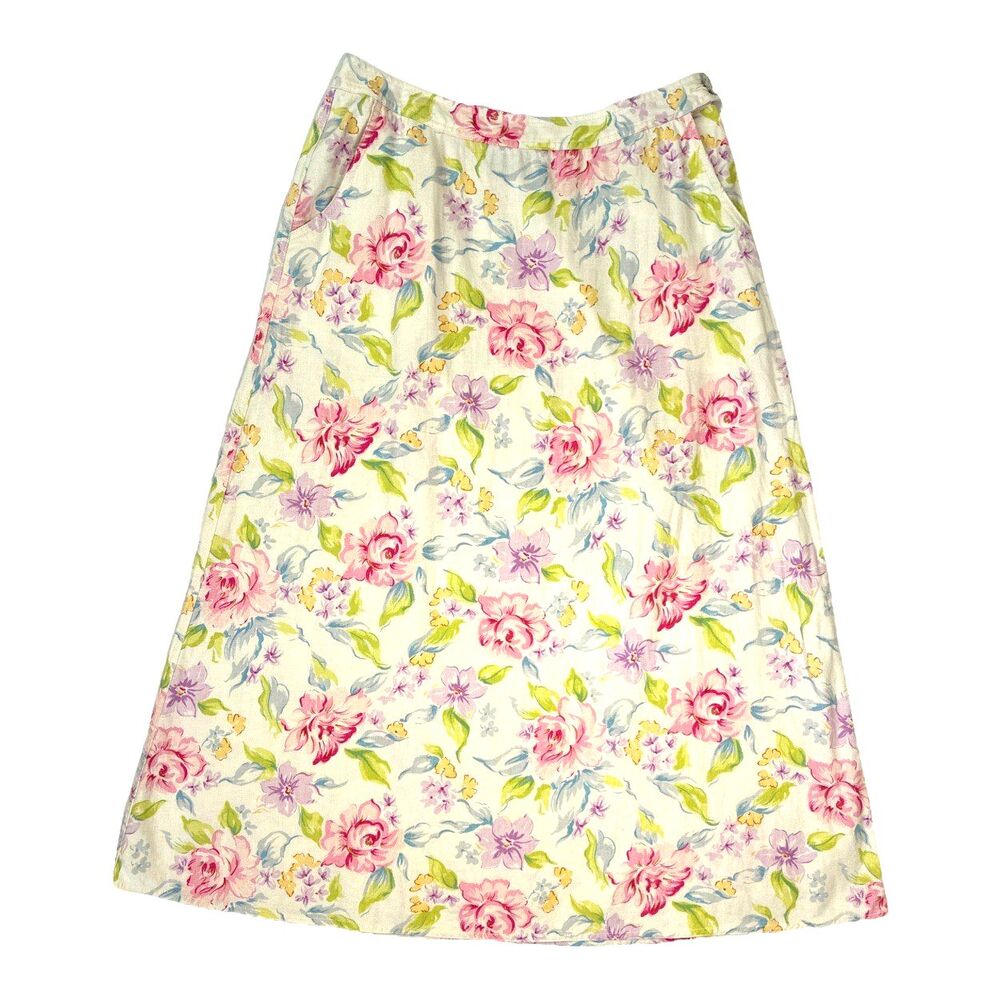 90s Liz Claiborne Linen Rayon Midi Skirt Size 12 Pastel Floral Cottage Romantic